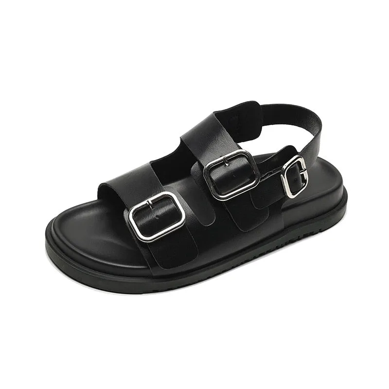 2023 summer women's outerwear sandals Ladies' casual flats Stylish metal design black rubber shoes work wear free shipping