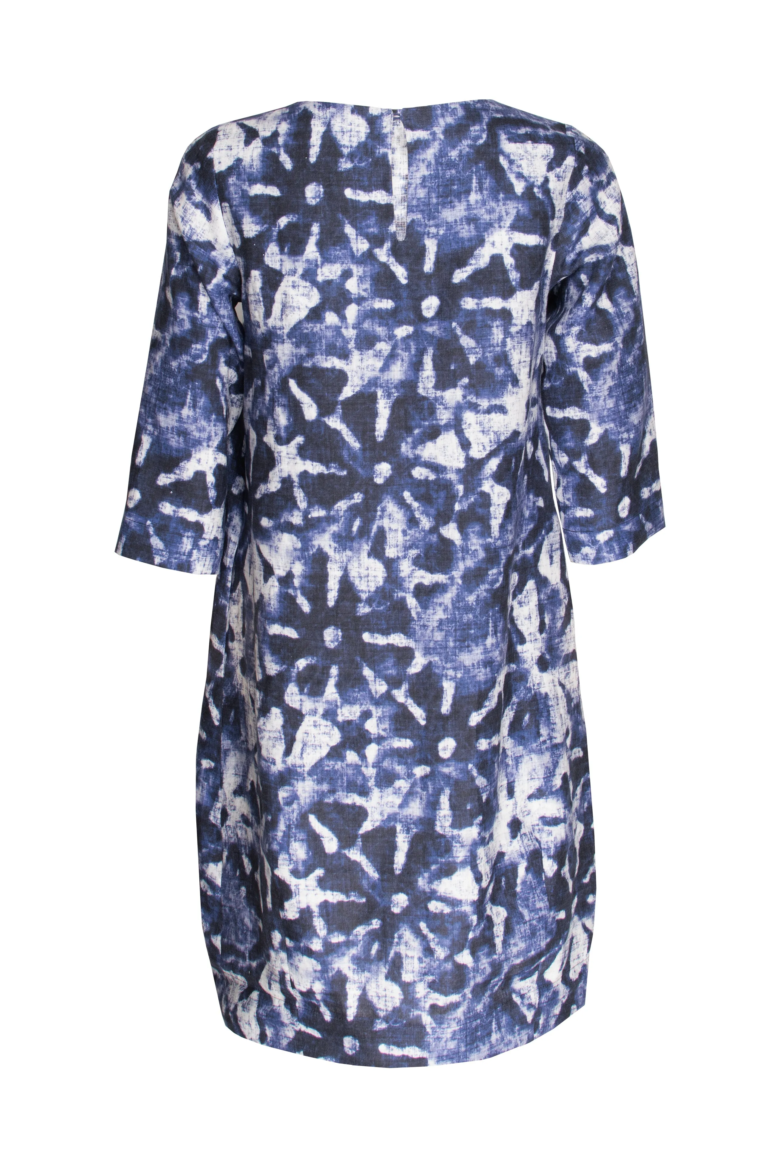 3/4 Sleeve Tulip Dress - Navy Print Linen 9762