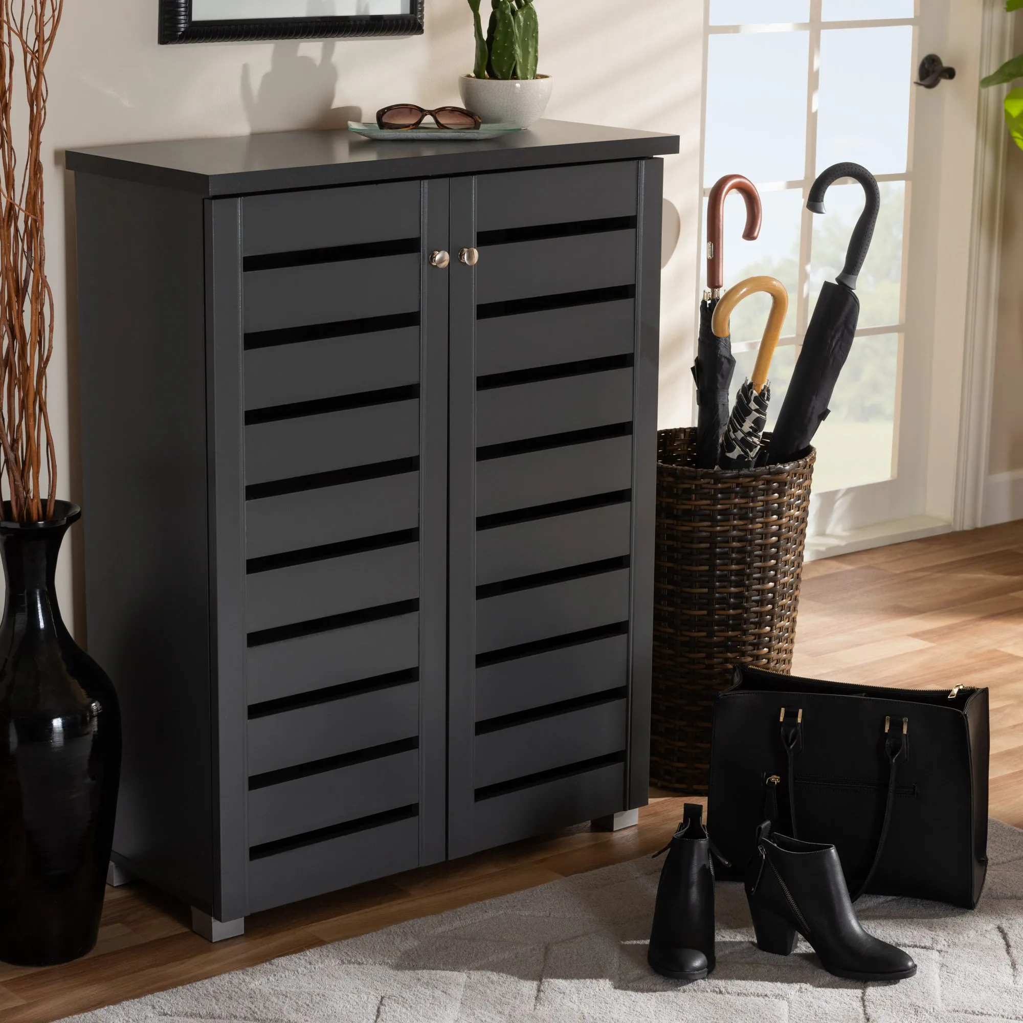 Adalwin Stylish Dark Grey Shoe Storage Cabinet with Ventilated Shelves for Organized Footwear