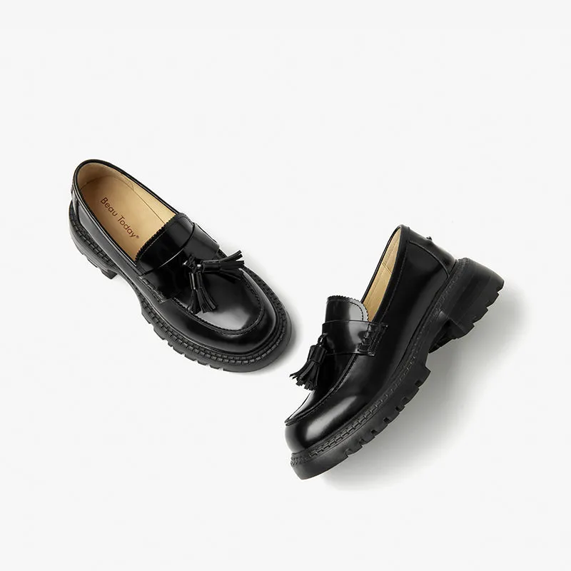 Beau Today Cow leather Round toe  women shoes with tassels