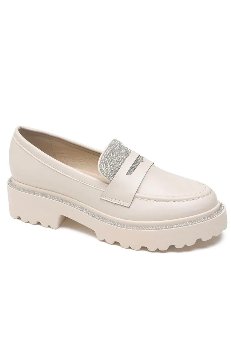 BEIGE PU CHUNKY PLATFORM RHINSTONE FAUX LEATHER SLIP ON LOAFERS