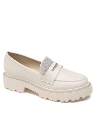 BEIGE PU CHUNKY PLATFORM RHINSTONE FAUX LEATHER SLIP ON LOAFERS