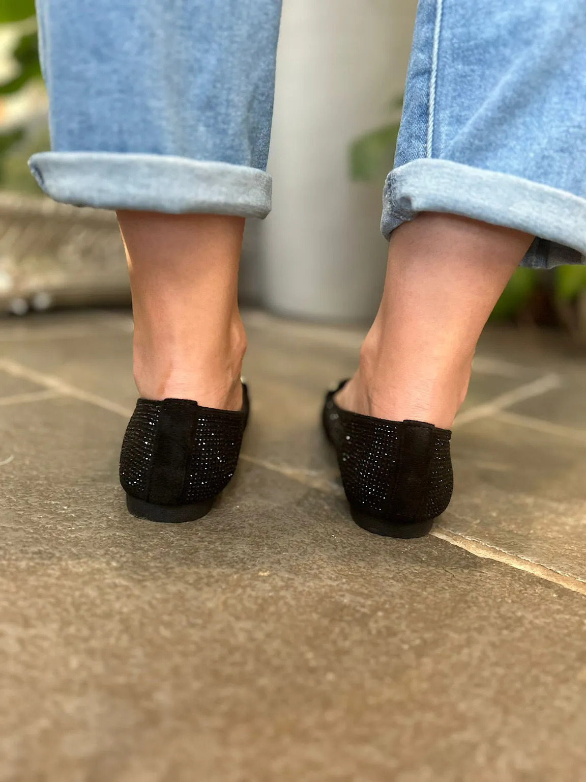 Black Diamante Gold Buckle Loafers