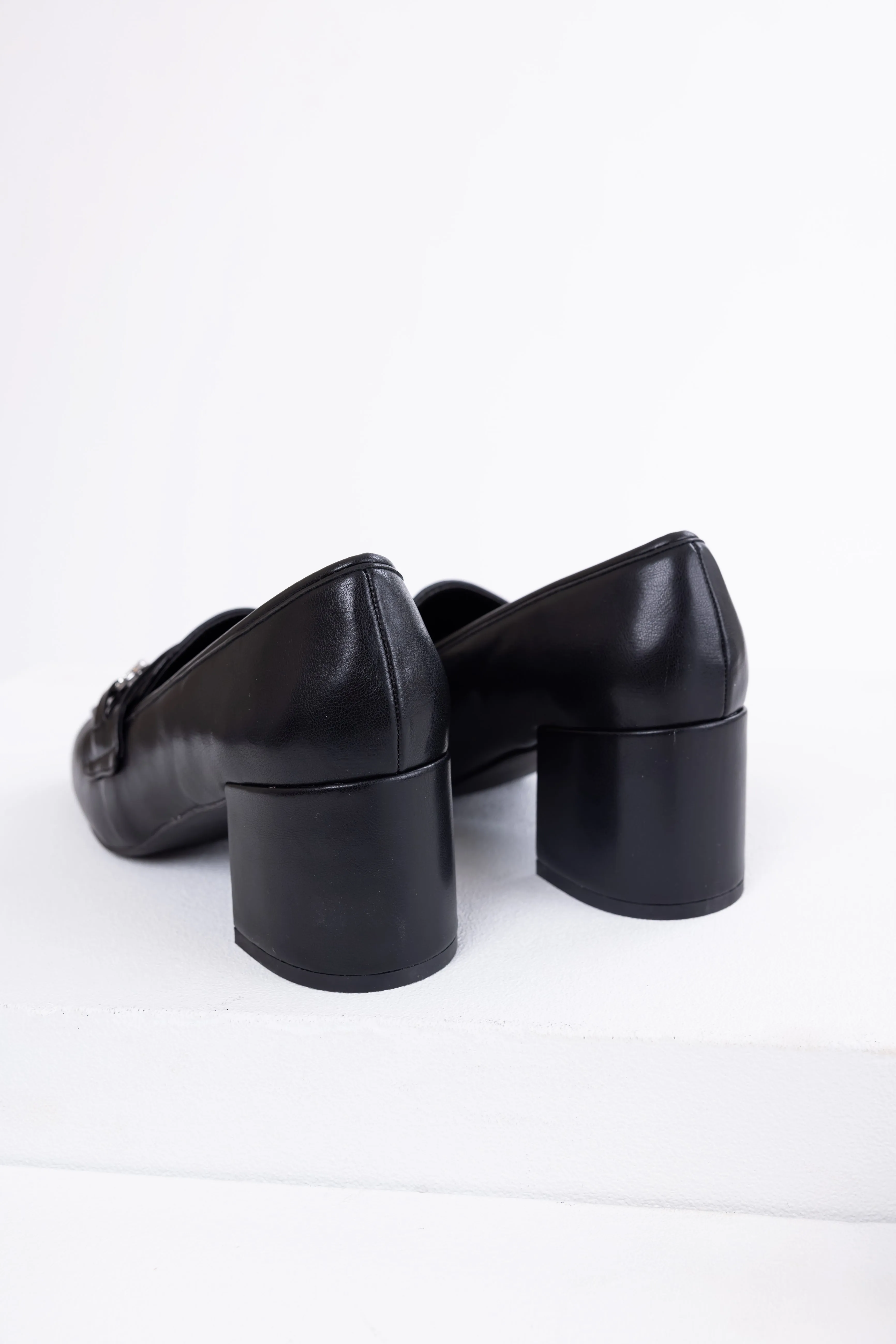 Black Faux Leather Block Heel Loafers