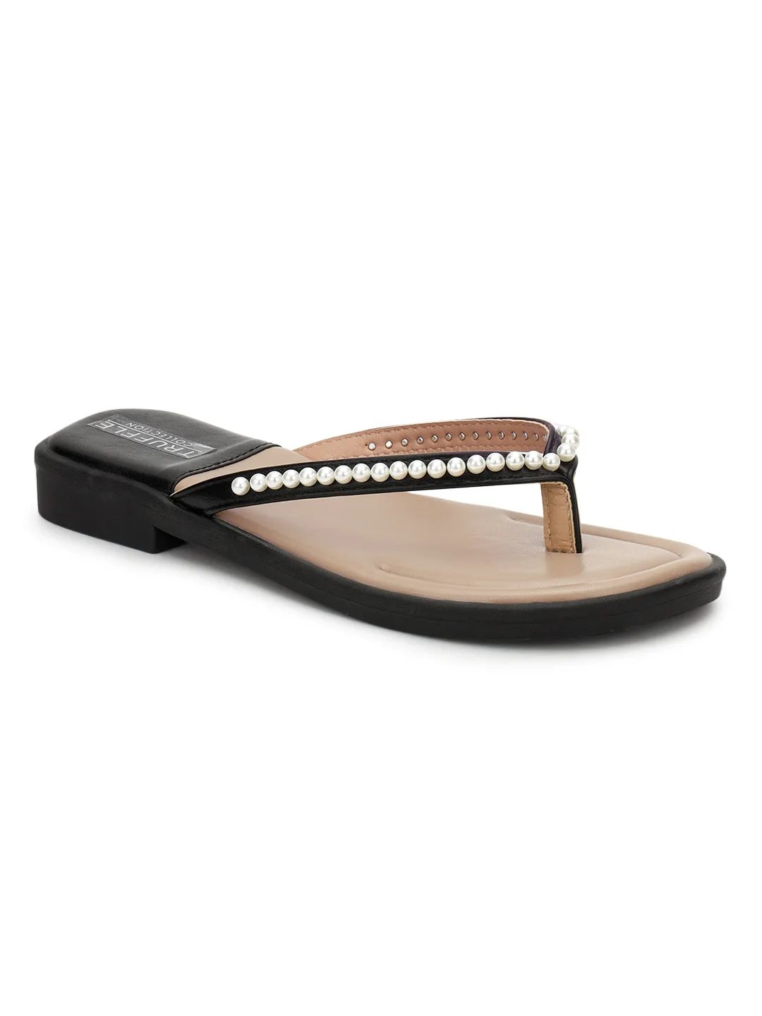 Black PU Pearl Slip-On Flats (TC-RS3594-BLK)