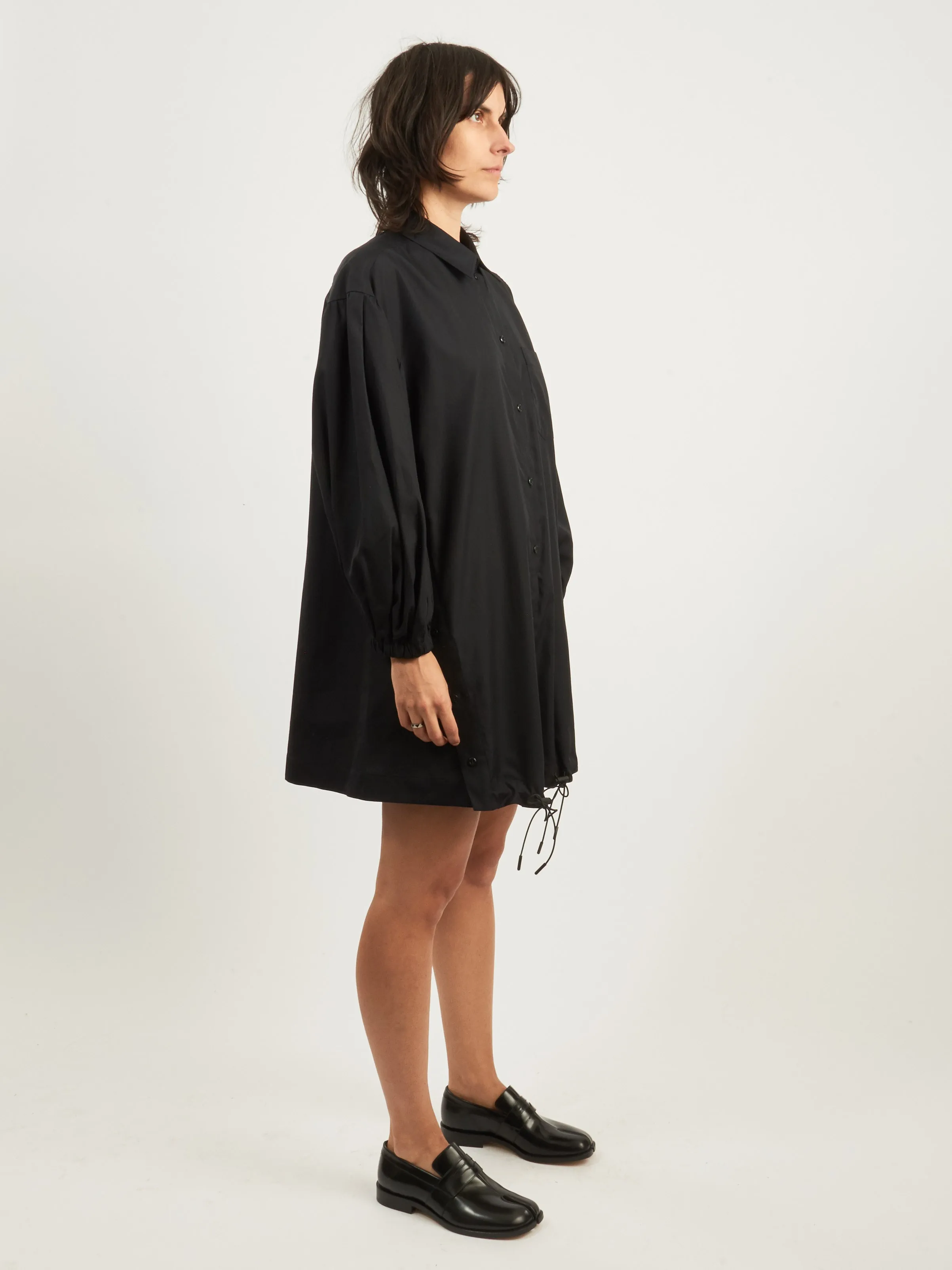 Black Puff Sleeve Shirt Dress w/ Button Placket Detail