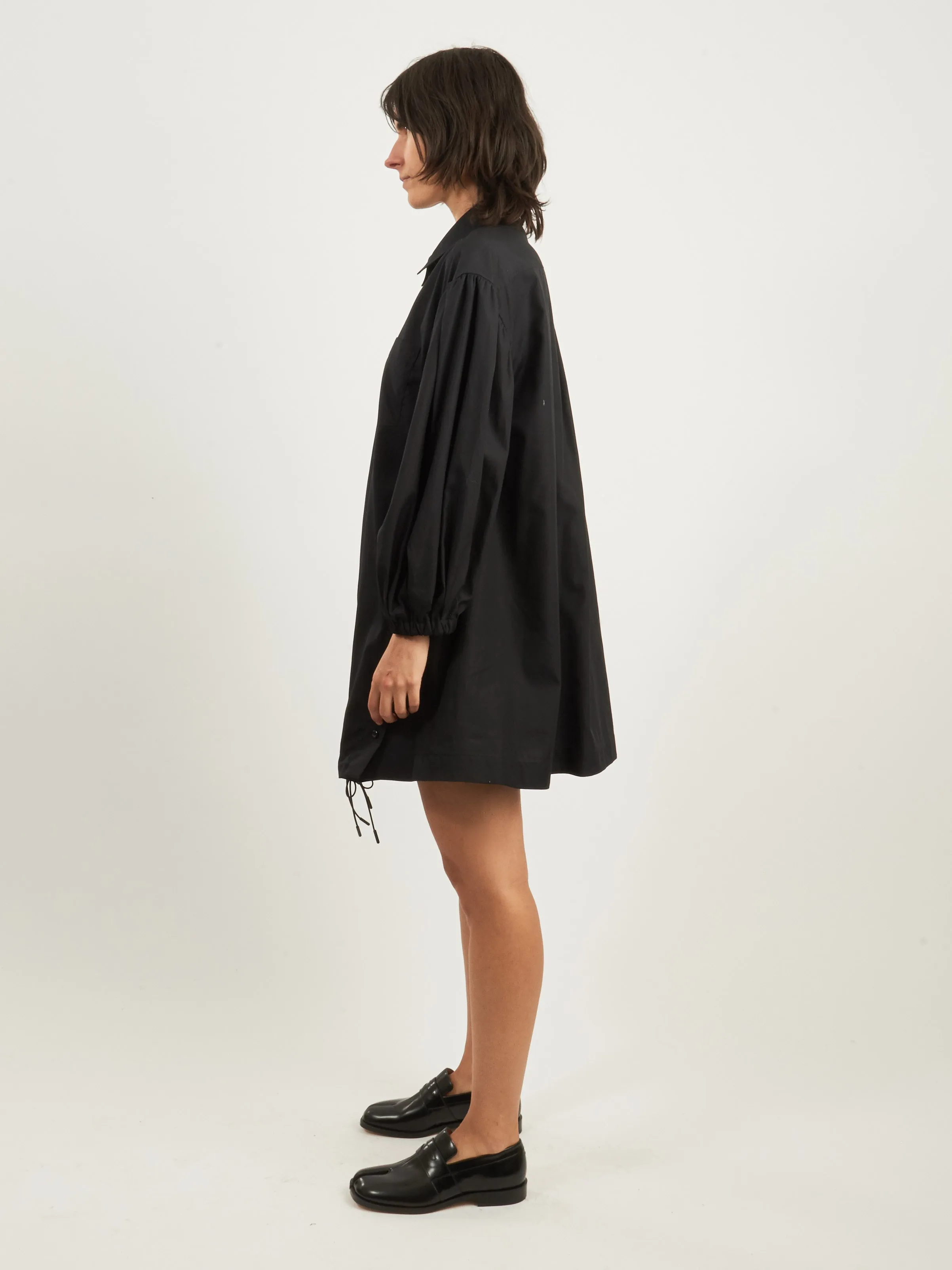 Black Puff Sleeve Shirt Dress w/ Button Placket Detail