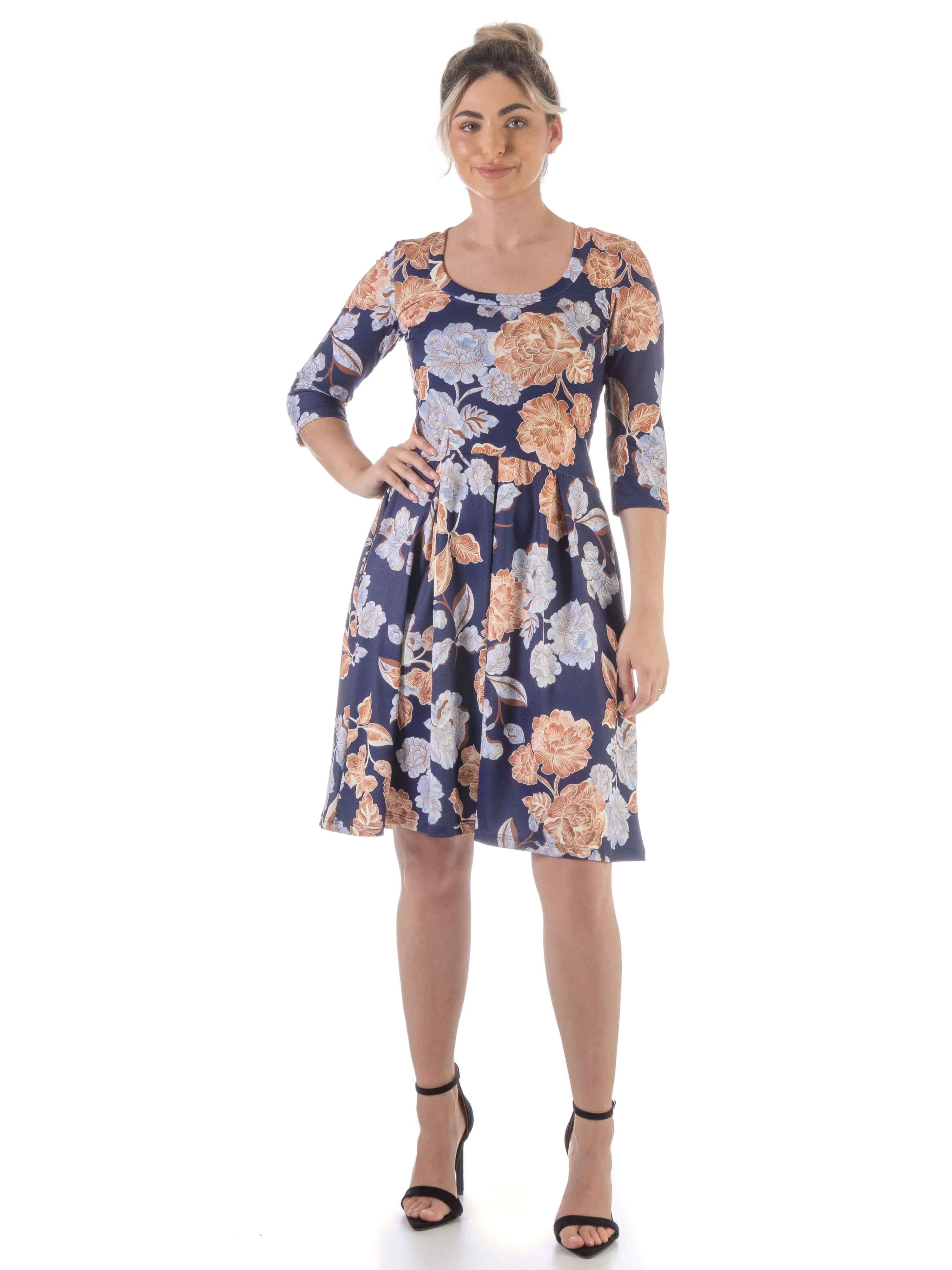 Blue Rose Three Quarter Sleeve Pleated Dress