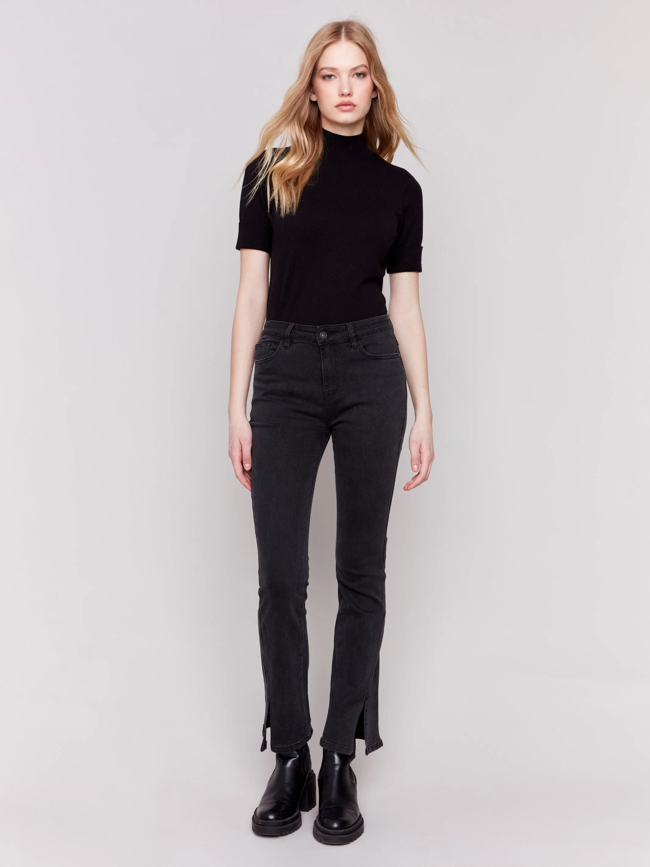 Bootcut Jeans With Front Slits - Charcoal