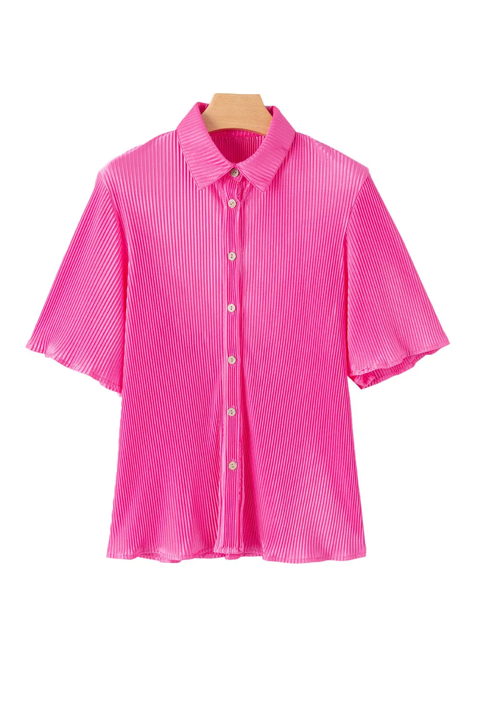 Bright Pink Satin Pleated Short Sleeve Shirt