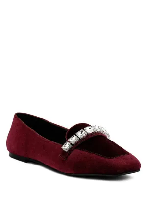 Burgundy Lamington Handcrafted Velvet Diamante Loafers