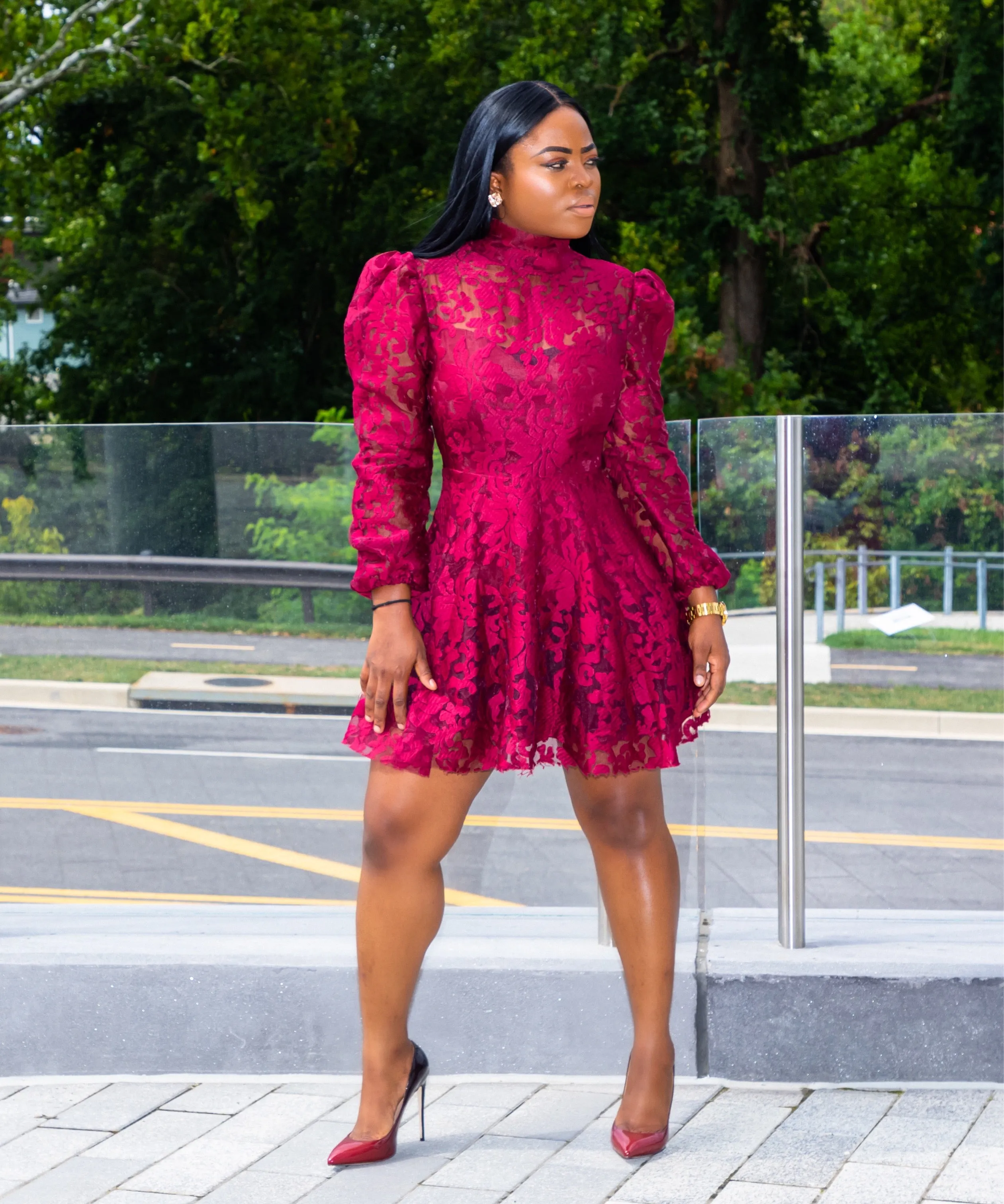 Burgundy Puff Sleeve Lace Flare Dress