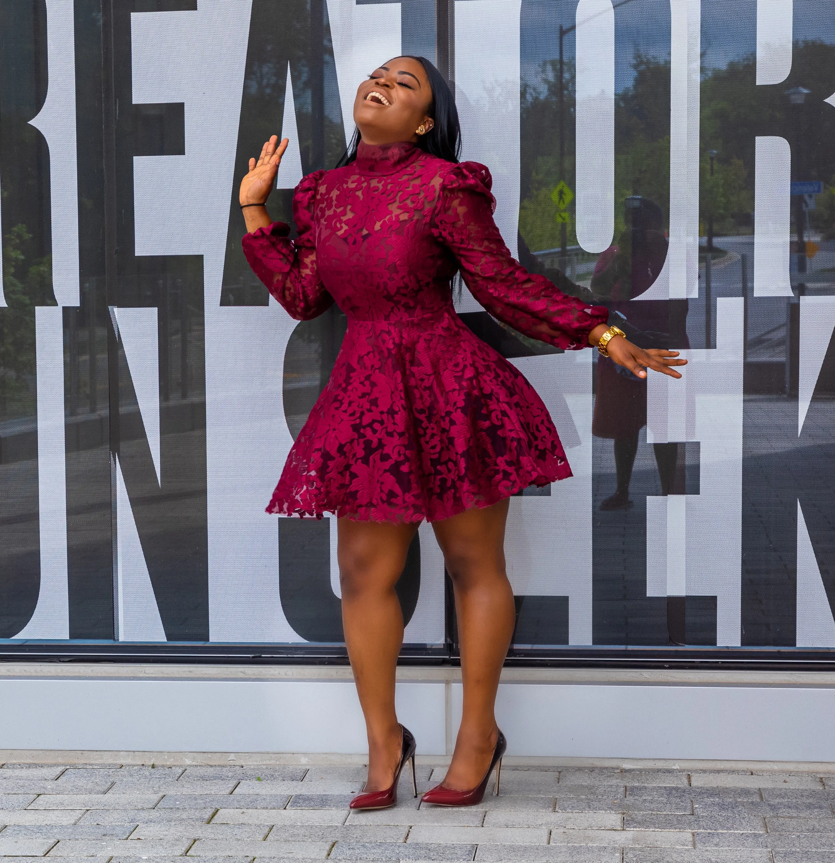 Burgundy Puff Sleeve Lace Flare Dress