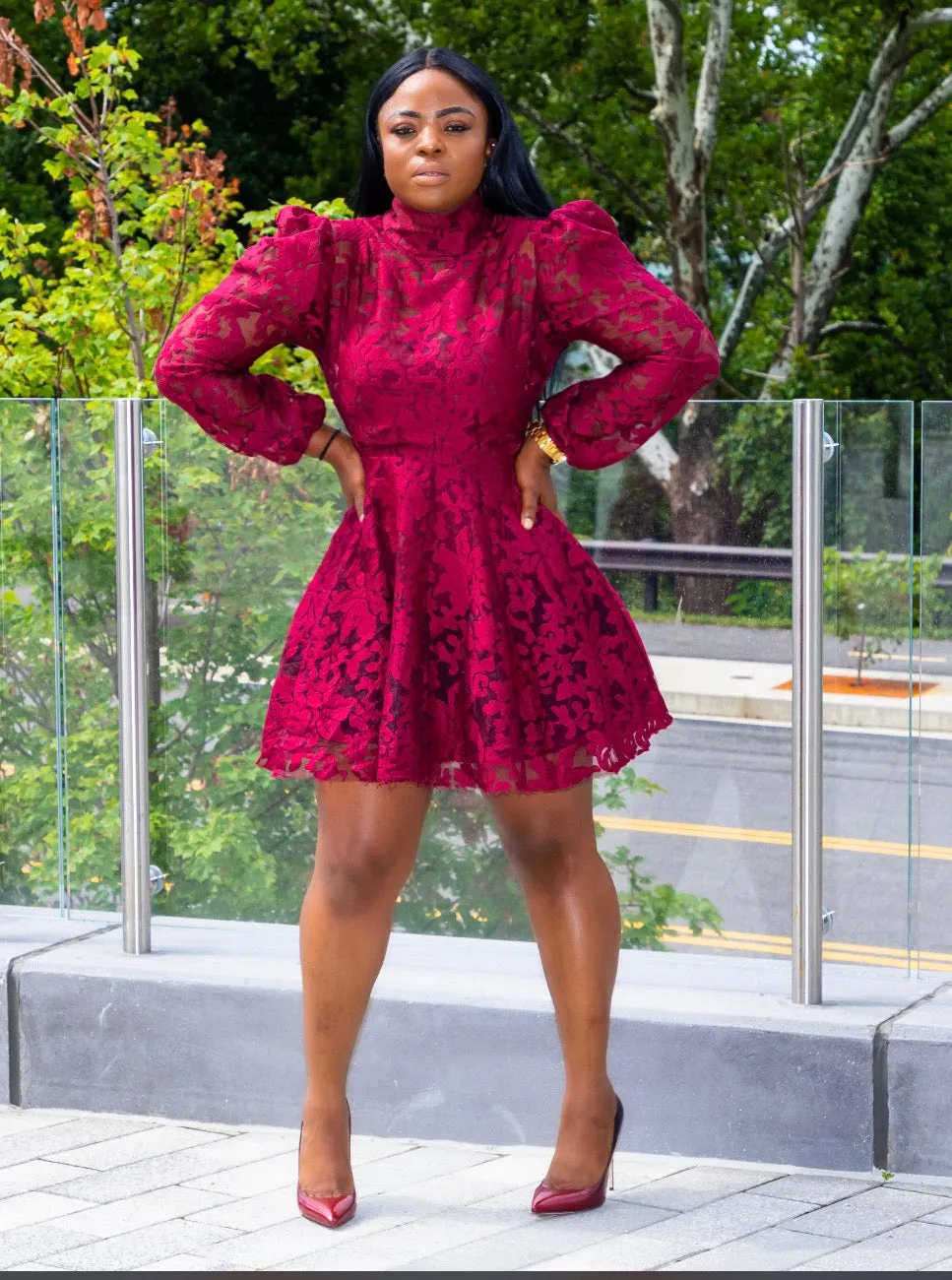 Burgundy Puff Sleeve Lace Flare Dress