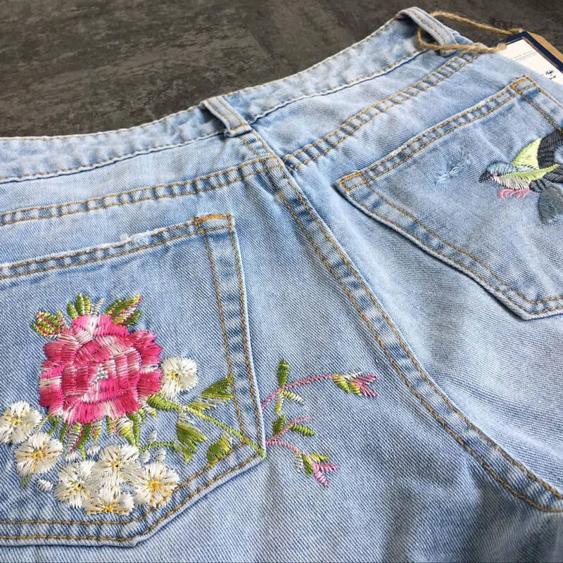 Embroidered Jeans High Waist Women's Jeans Long Straight Pants