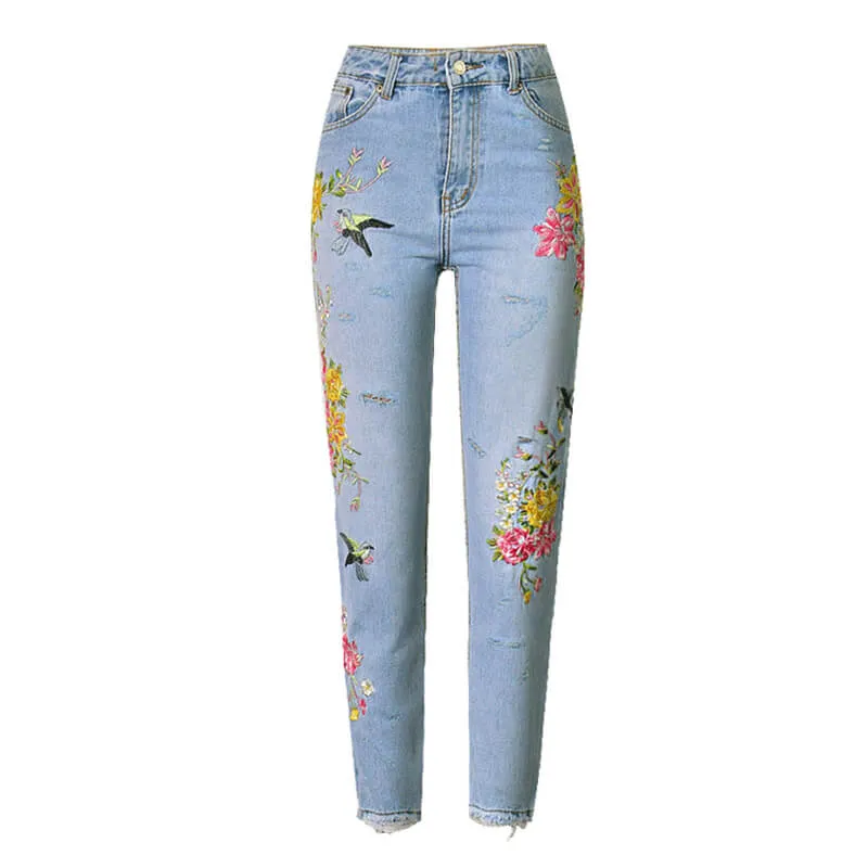 Embroidered Jeans High Waist Women's Jeans Long Straight Pants