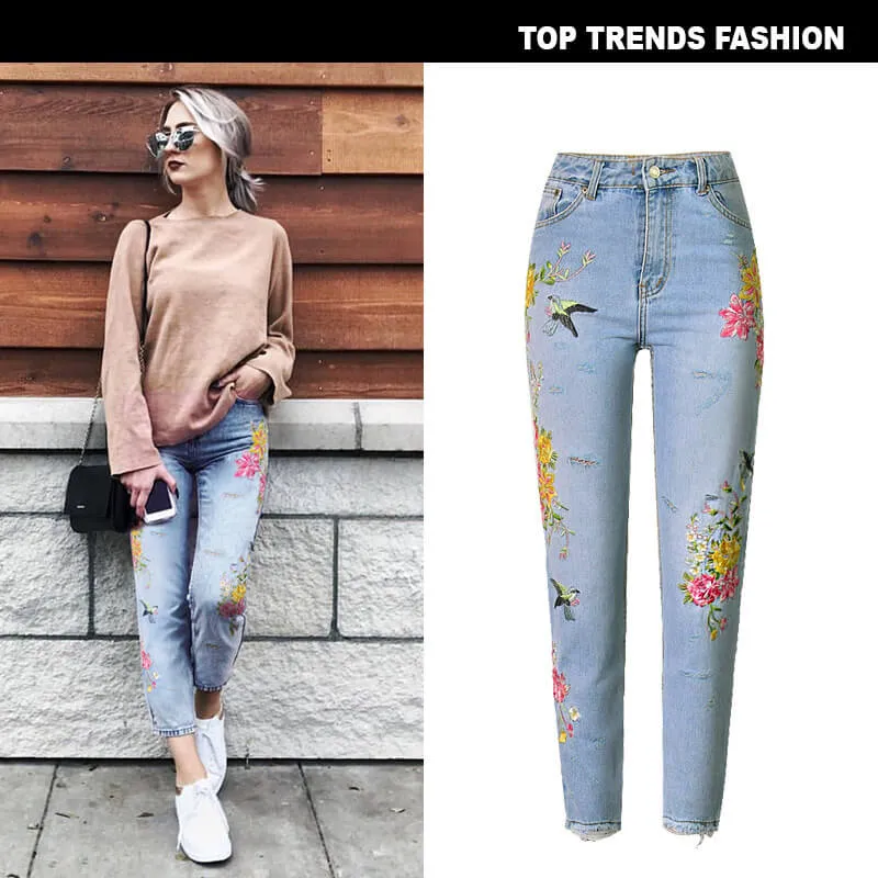 Embroidered Jeans High Waist Women's Jeans Long Straight Pants