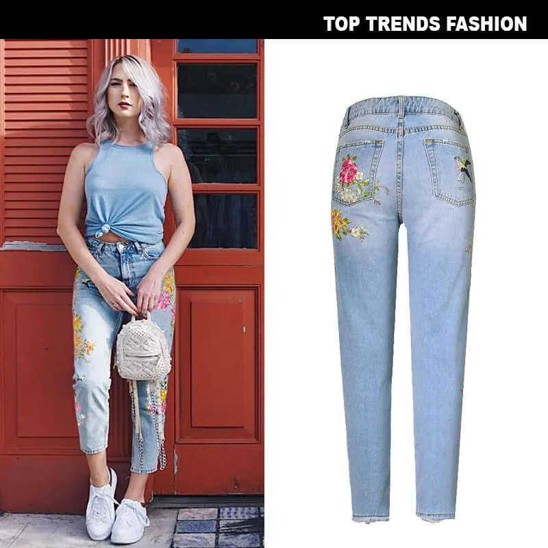 Embroidered Jeans High Waist Women's Jeans Long Straight Pants