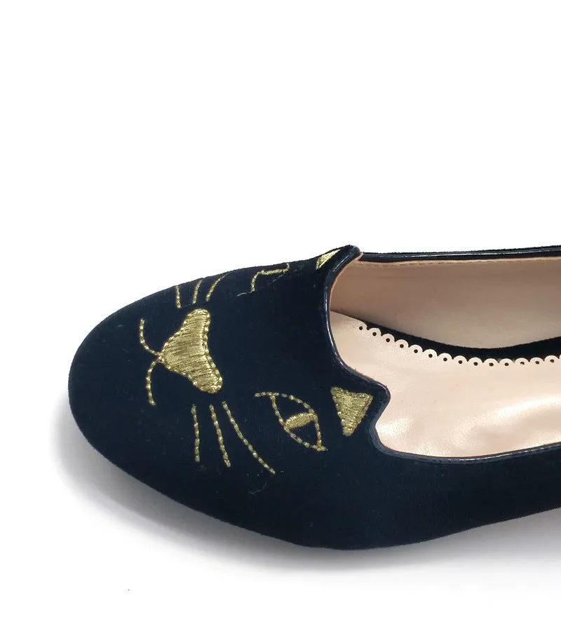 Embroidery Cat Black Slip On Flats Shoes 1550