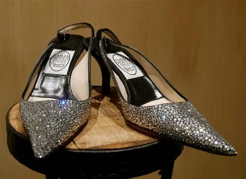 Emma Hope Black Satin Strass Crystal Sling Back Shoes