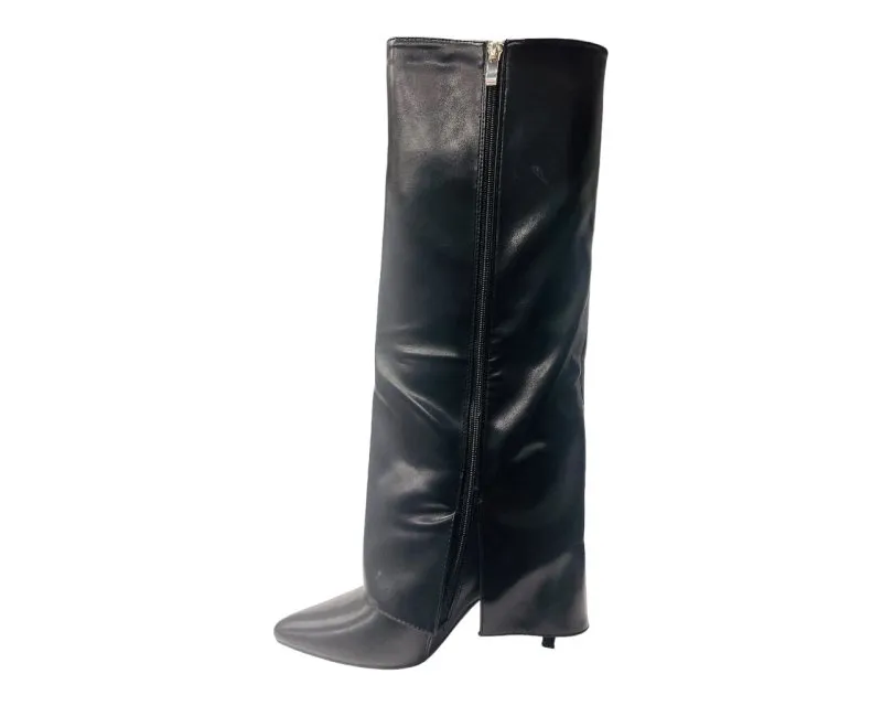 Faux Leather Kneel High Fold Over Stiletto Heel Boots