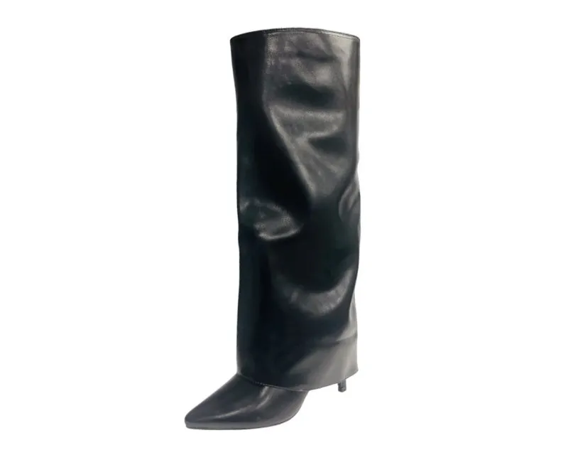 Faux Leather Kneel High Fold Over Stiletto Heel Boots