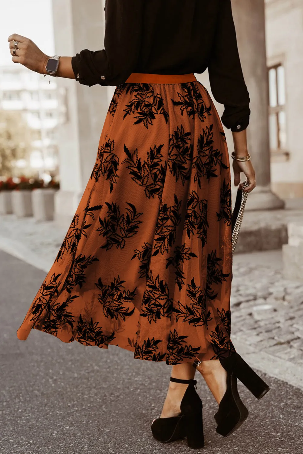 Floral Leaves Embroidered High Waist Maxi Skirt