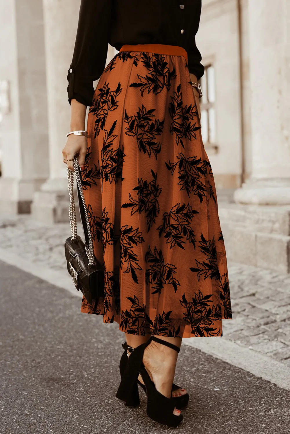 Floral Leaves Embroidered High Waist Maxi Skirt