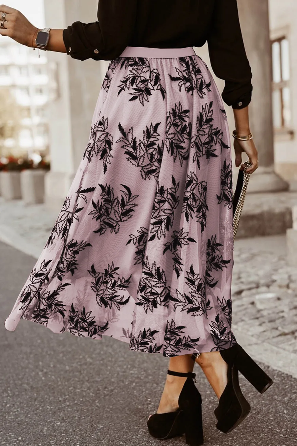 Floral Leaves Embroidered High Waist Maxi Skirt