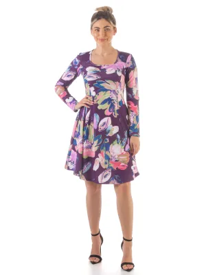 Floral Purple Long Sleeve Knee Length Dress