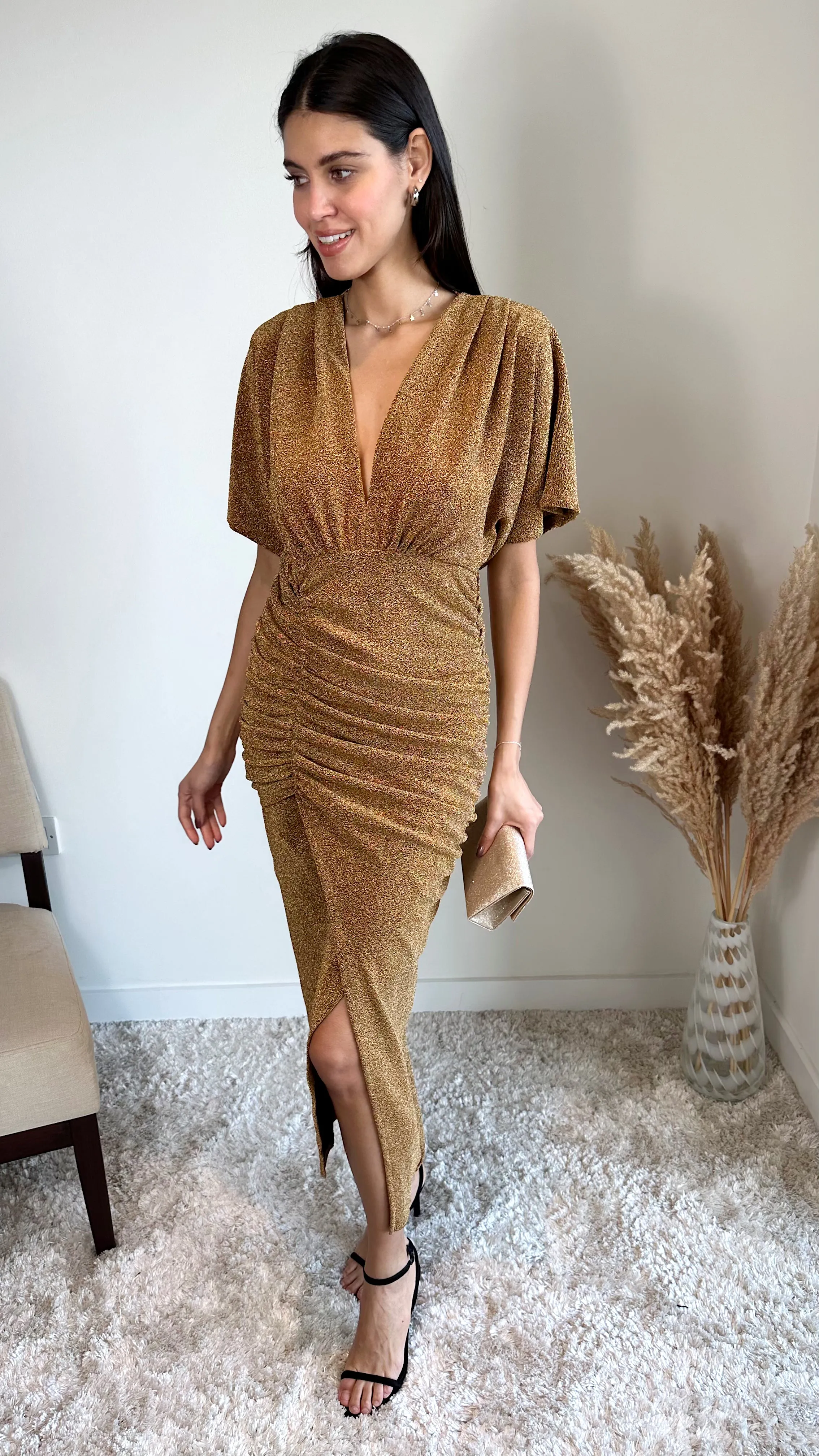 Golden Gleam Kimono Maxi Dress with Draped Sleeves