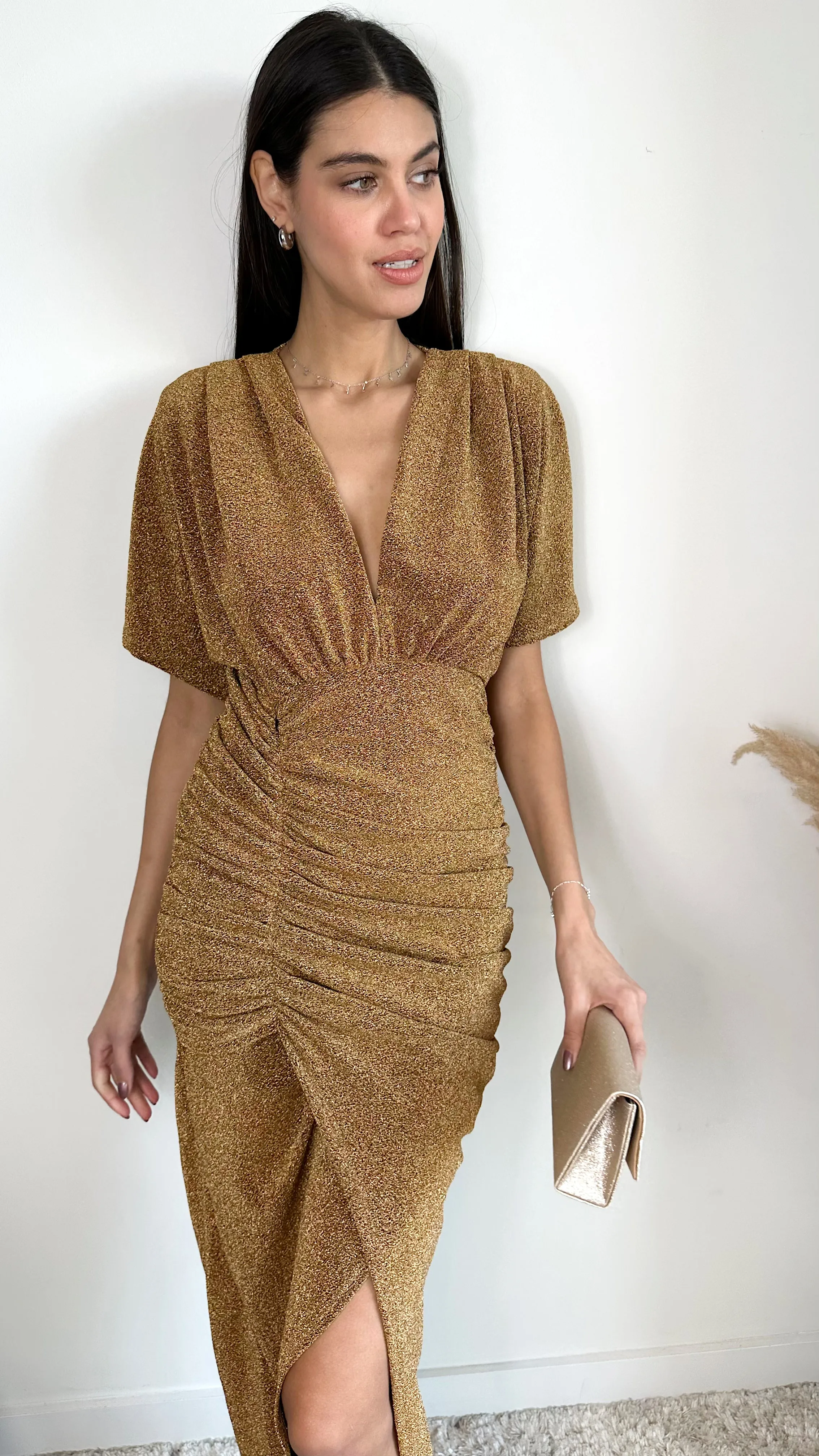 Golden Gleam Kimono Maxi Dress with Draped Sleeves