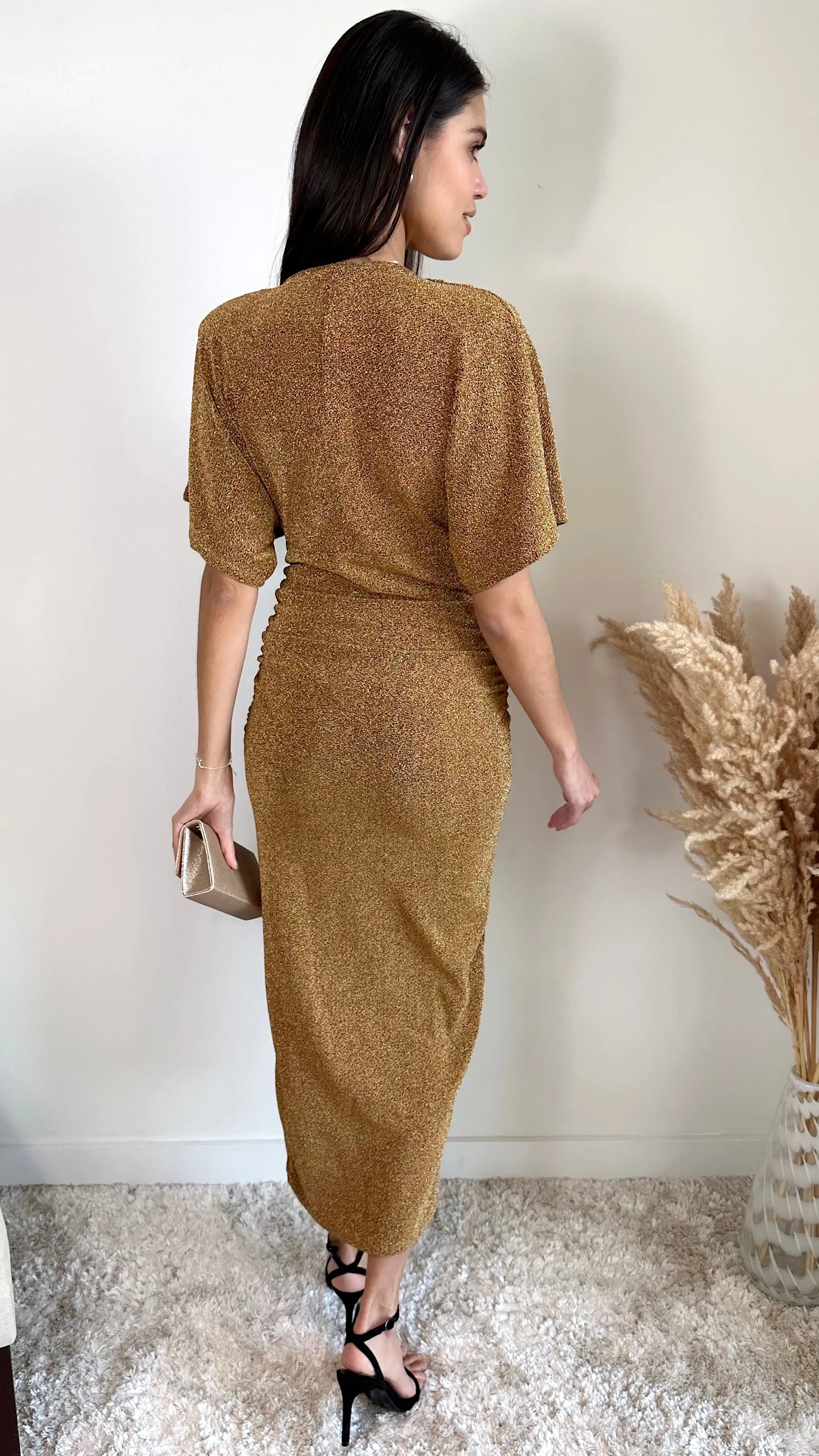 Golden Gleam Kimono Maxi Dress with Draped Sleeves