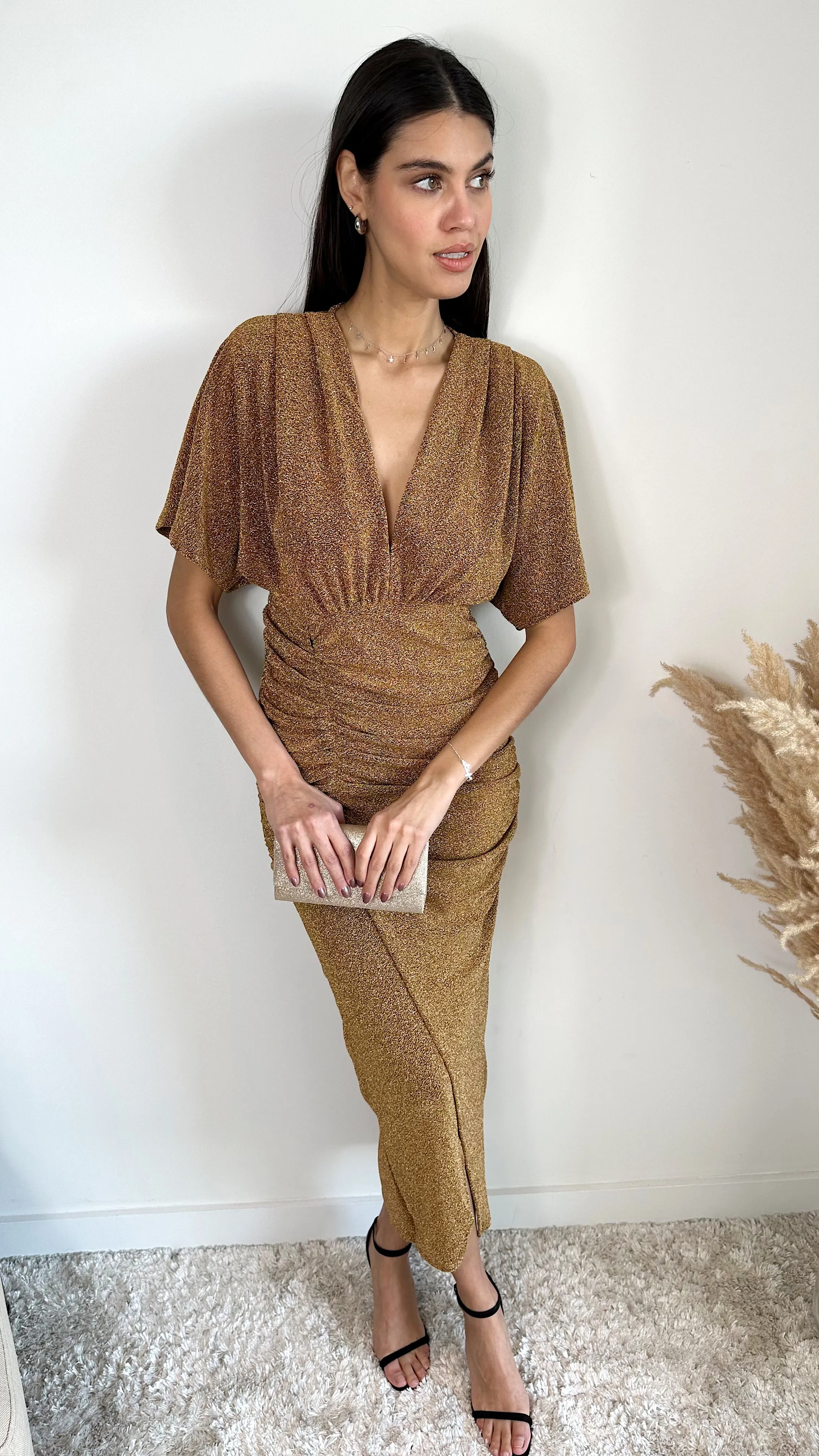 Golden Gleam Kimono Maxi Dress with Draped Sleeves