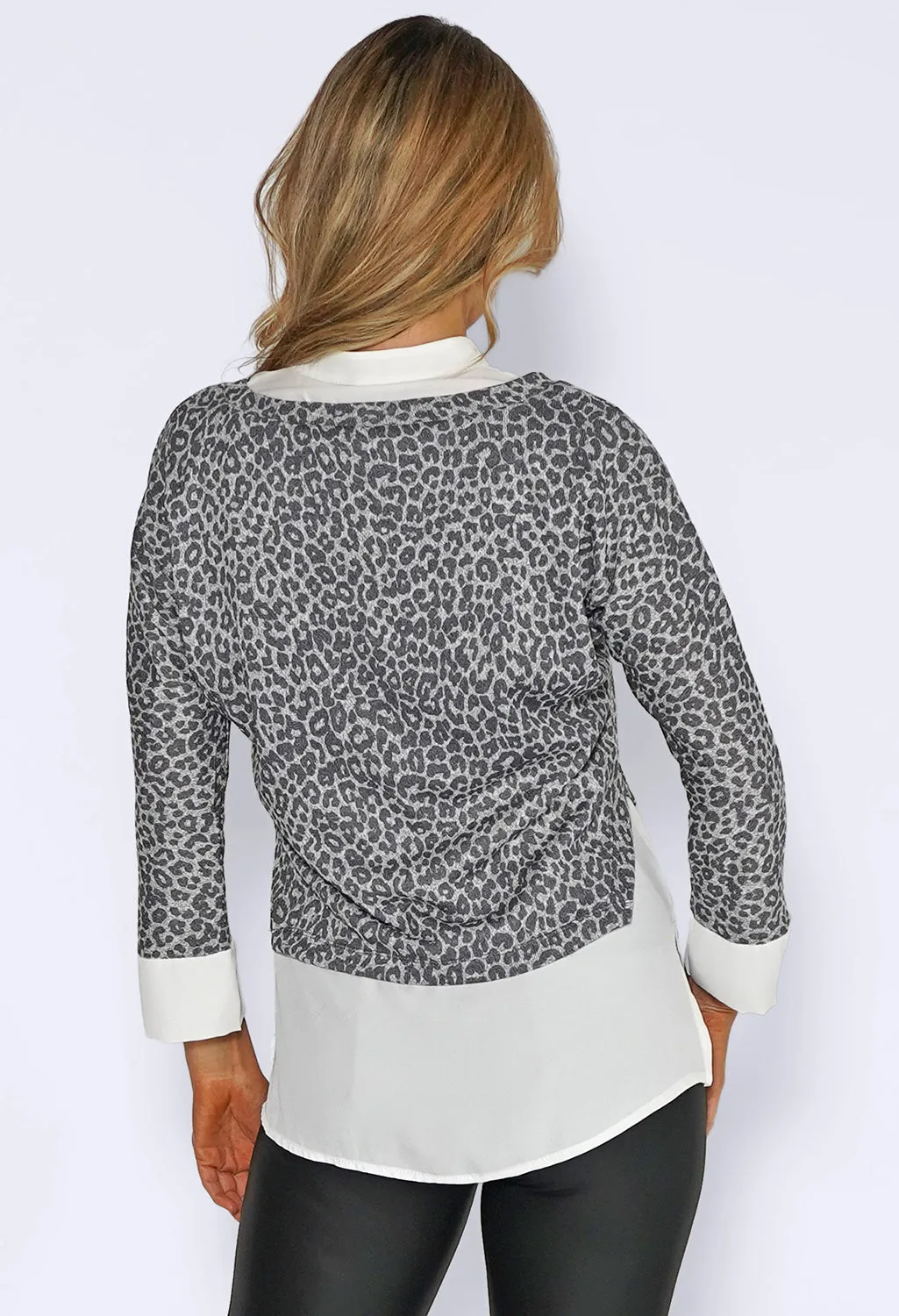 Grey Leopard Jumper with White Shirt Detail