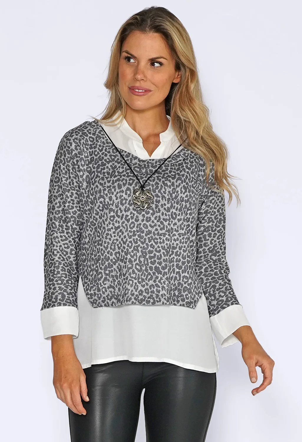 Grey Leopard Jumper with White Shirt Detail