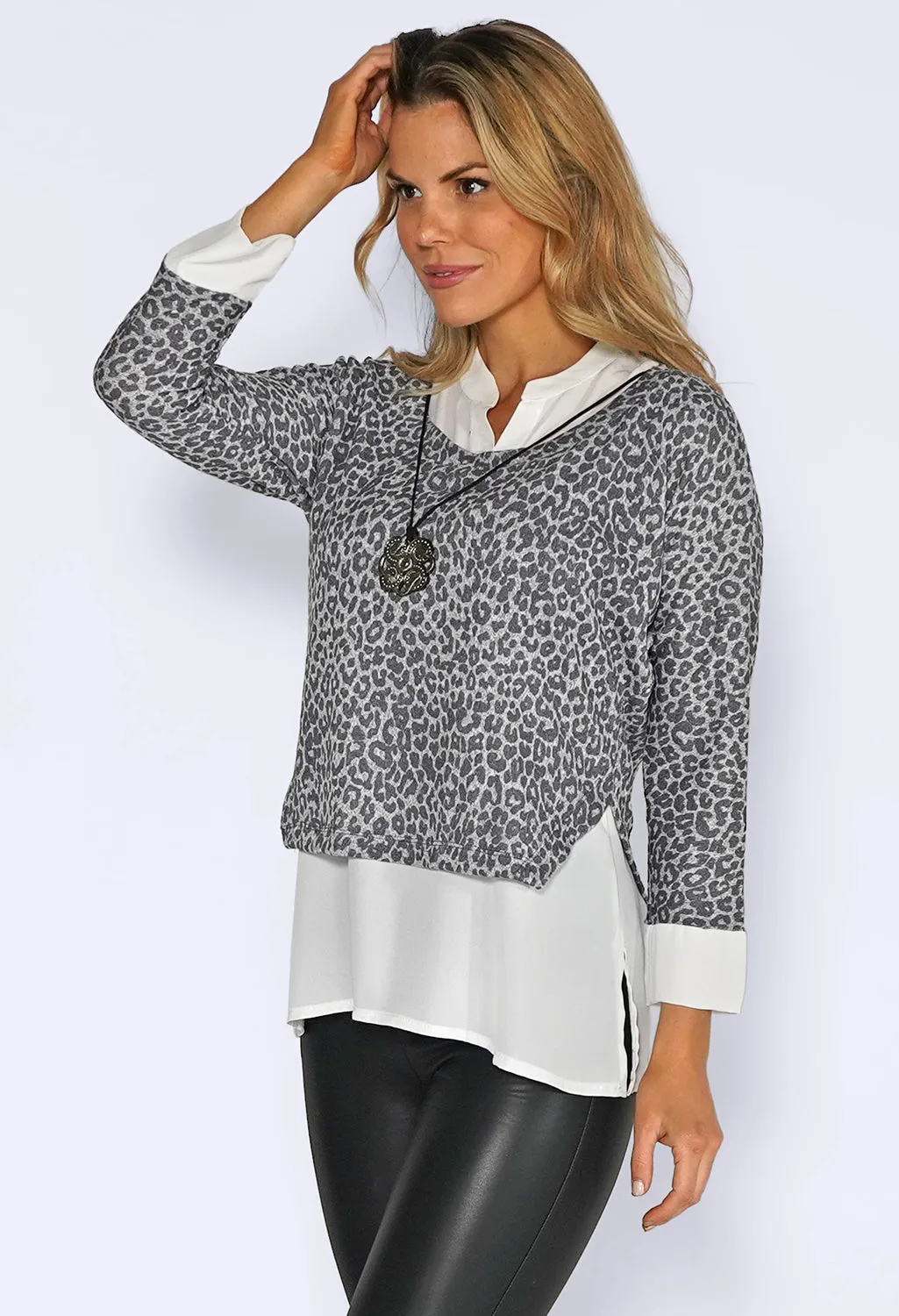 Grey Leopard Jumper with White Shirt Detail