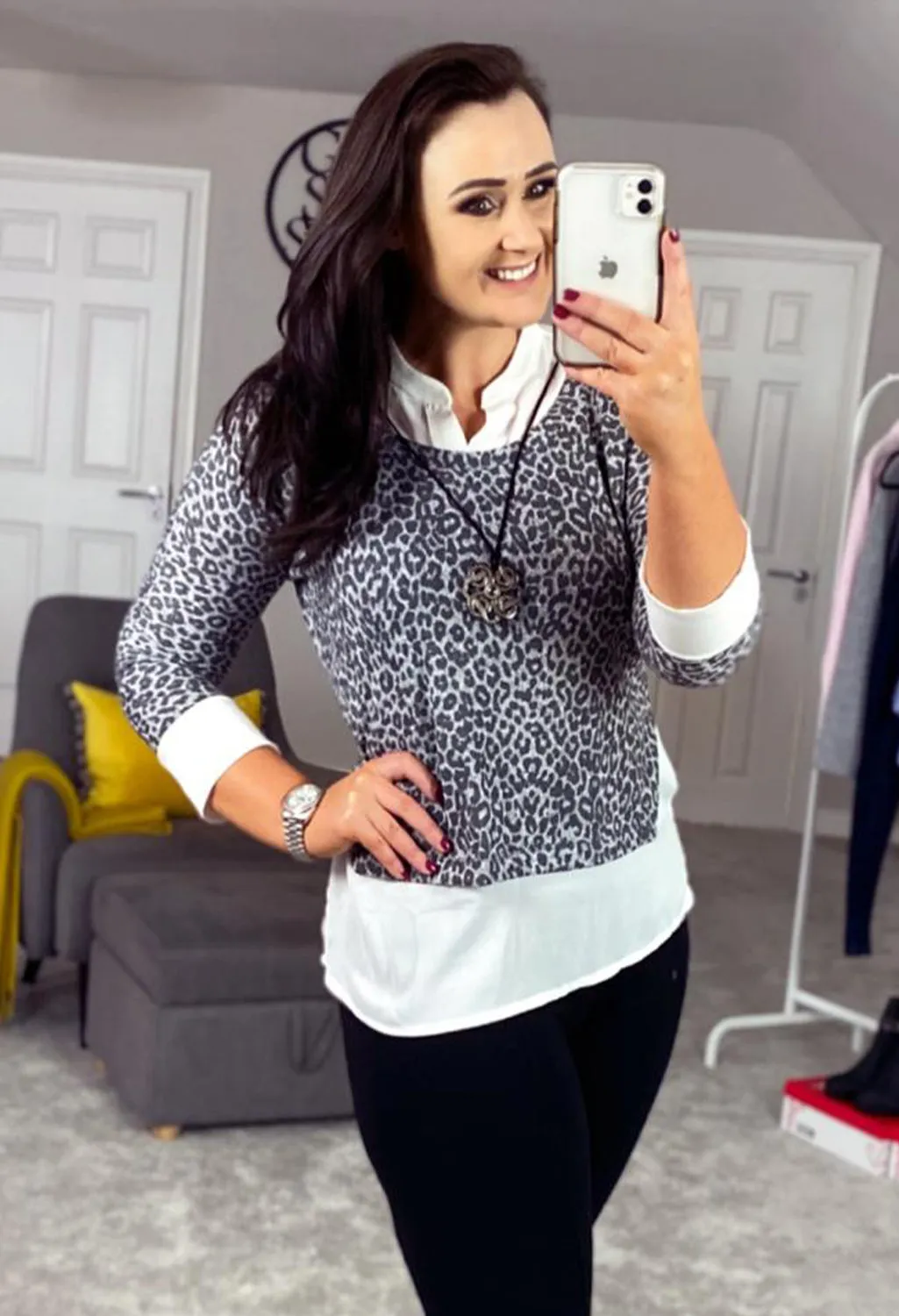 Grey Leopard Jumper with White Shirt Detail