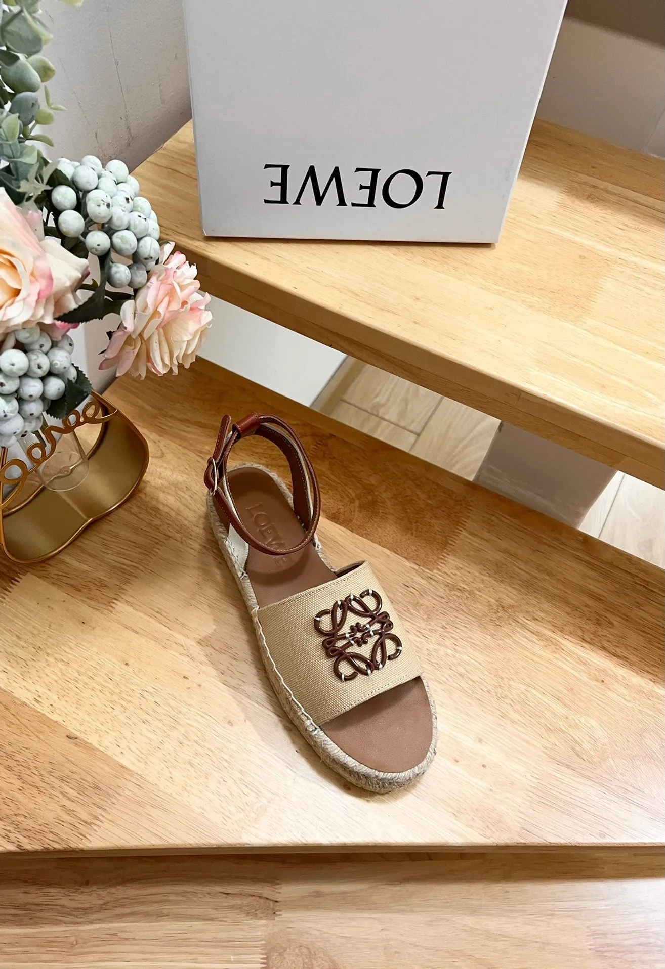 Loew Anagram Beige Brown Leather And Canvas Espadrille Sandals