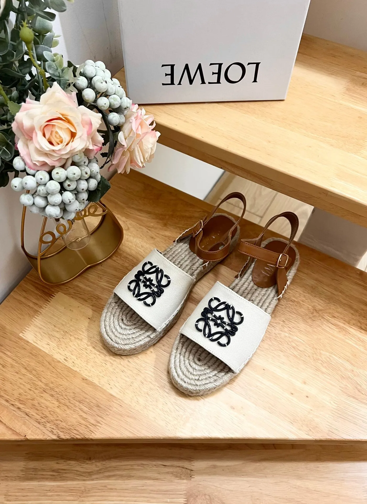 Loew Anagram Black logo White Brown Beige Leather And Canvas Espadrille Sandals