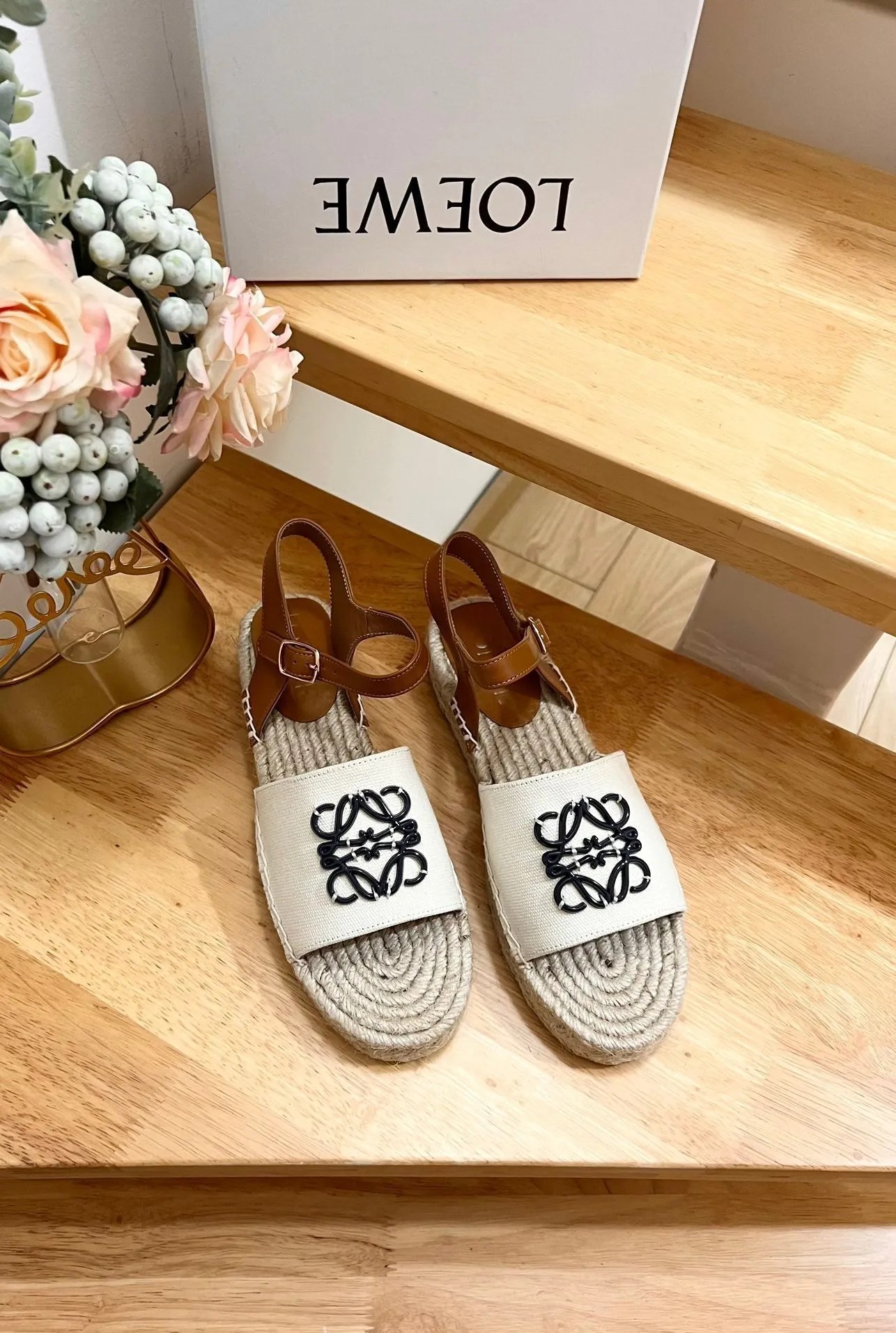 Loew Anagram Black logo White Brown Beige Leather And Canvas Espadrille Sandals