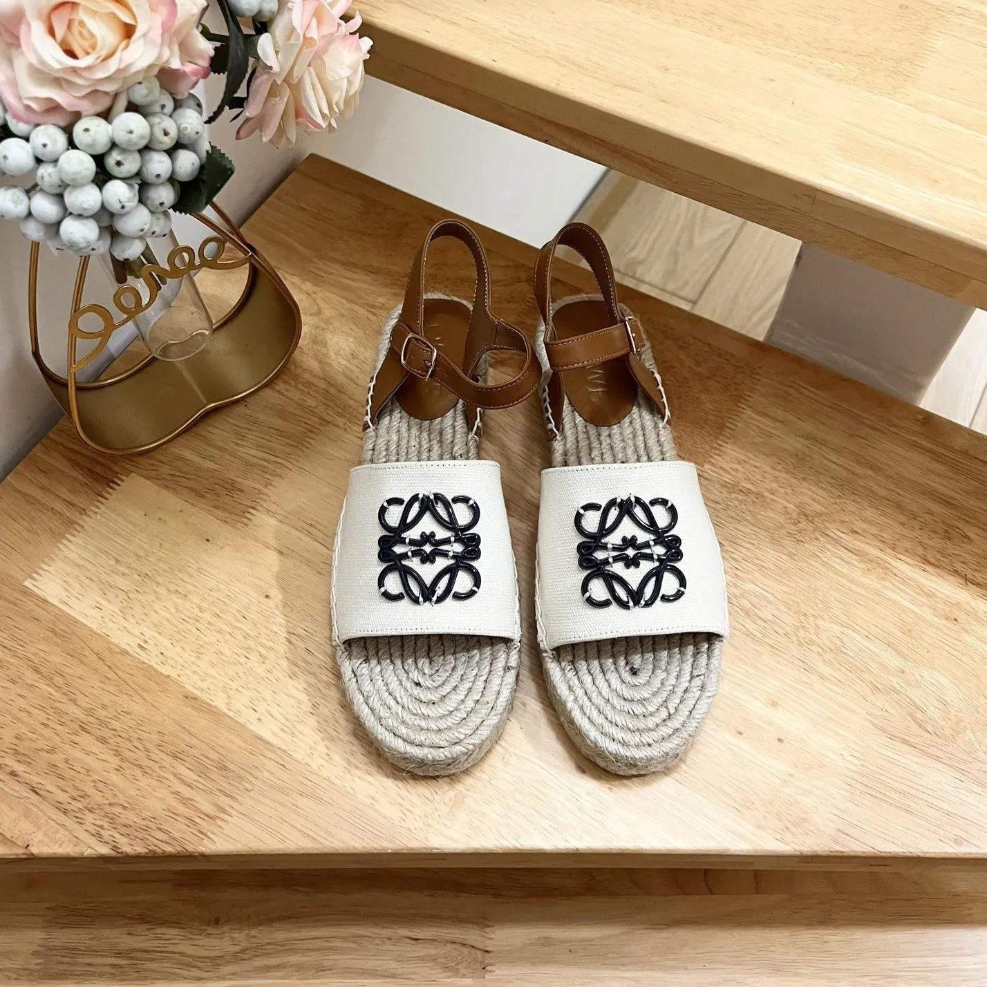 Loew Anagram Black logo White Brown Beige Leather And Canvas Espadrille Sandals