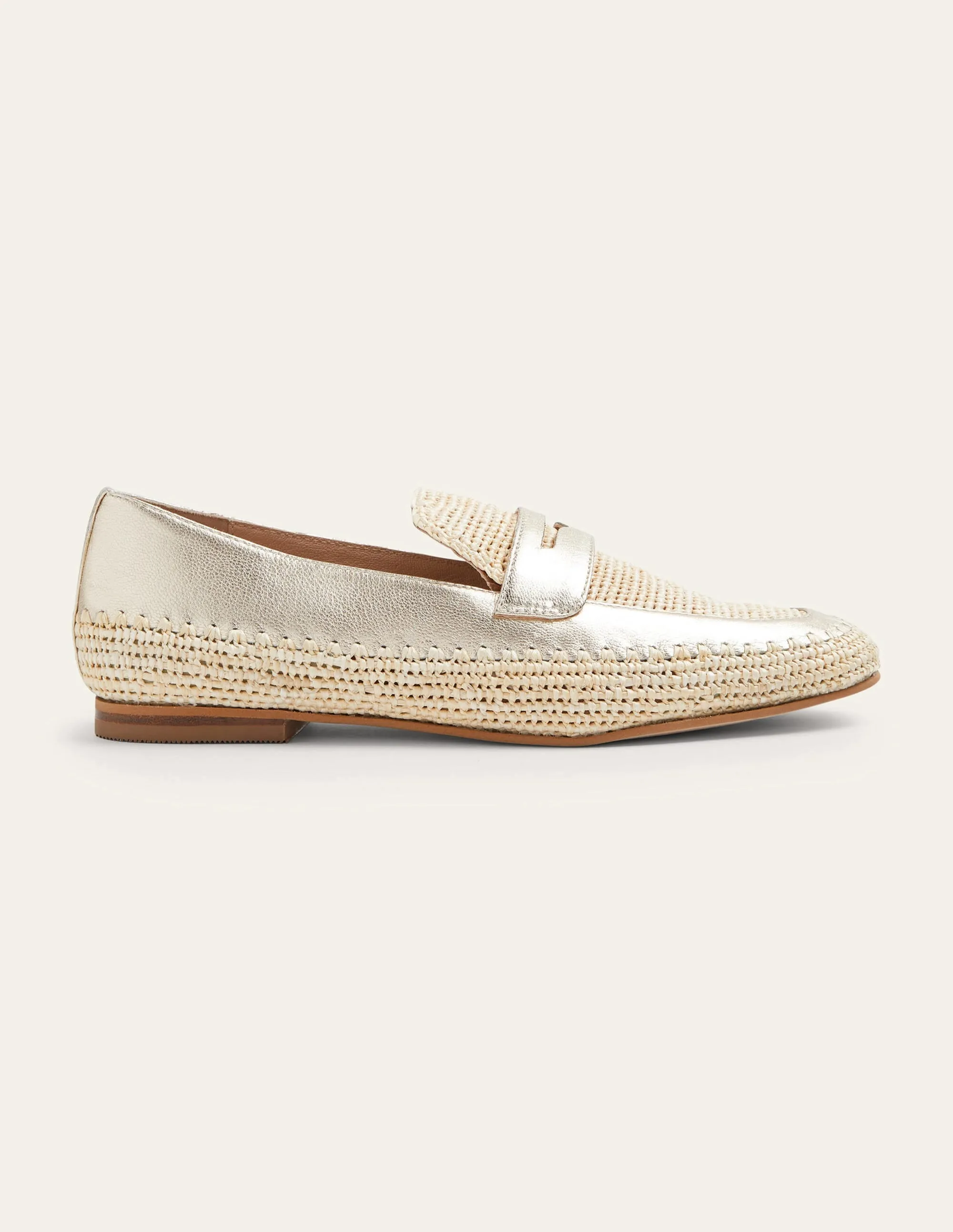 Lydia Raffia Detail Loafers-Pale Gold Metallic