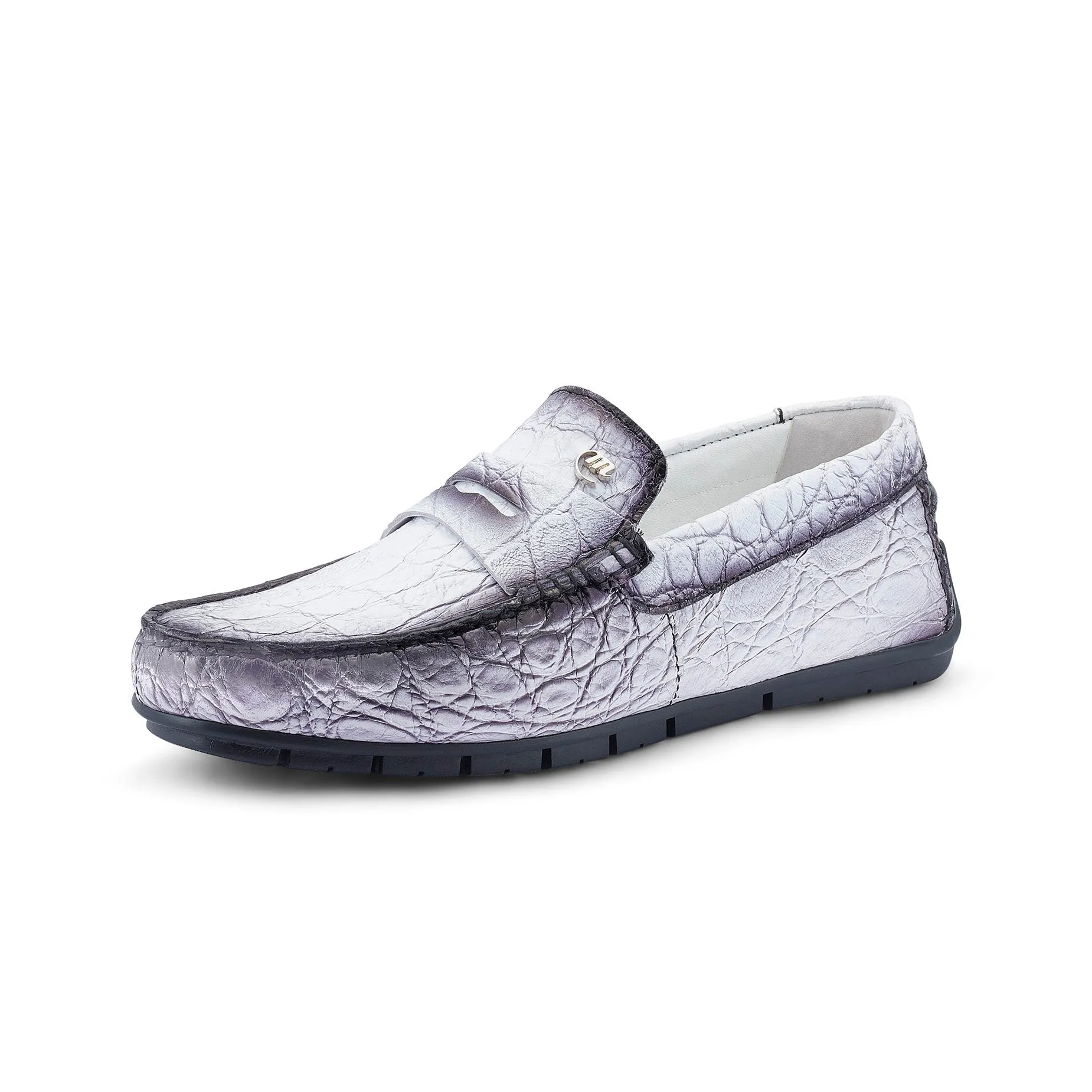 Mauri Sprinter 3517/1 Men's Shoes White with "Dirty" Black Finish Exotic Alligator Driver Moccasins Loafers (MA5528)