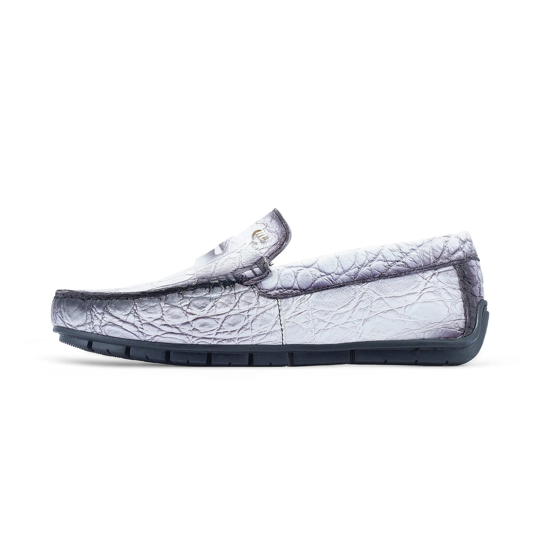 Mauri Sprinter 3517/1 Men's Shoes White with "Dirty" Black Finish Exotic Alligator Driver Moccasins Loafers (MA5528)