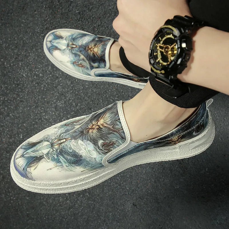 Men Fashion Print Leather Flat Loafers