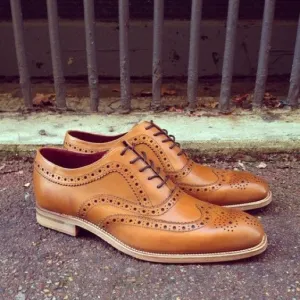 Men's Tan Leather Wingtip Brogue Oxford Shoes