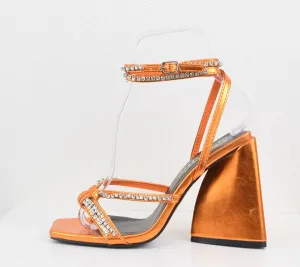 Orange Unique Chuncky Heel Sandal With Stone Detail