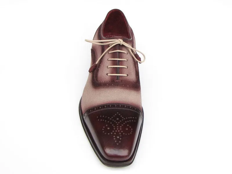 Paul Parkman Captoe Oxfords- Bordeaux/Beige Hand-Painted Suede Upper And Leather Sole