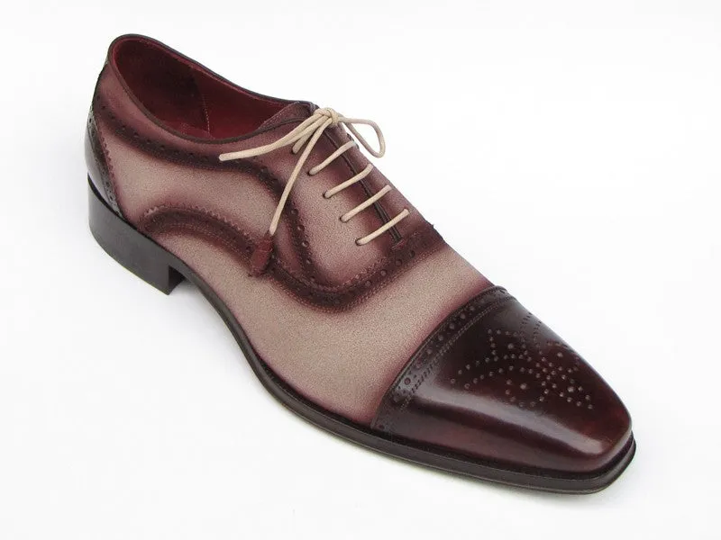 Paul Parkman Captoe Oxfords- Bordeaux/Beige Hand-Painted Suede Upper And Leather Sole